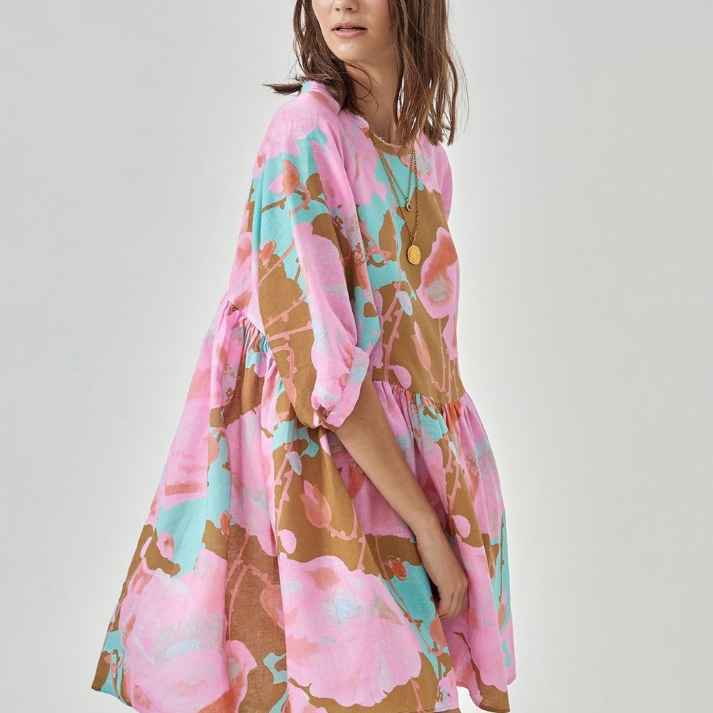 Lanhtropy Alcala 100% Linen Printed Dress One Size Fits Most